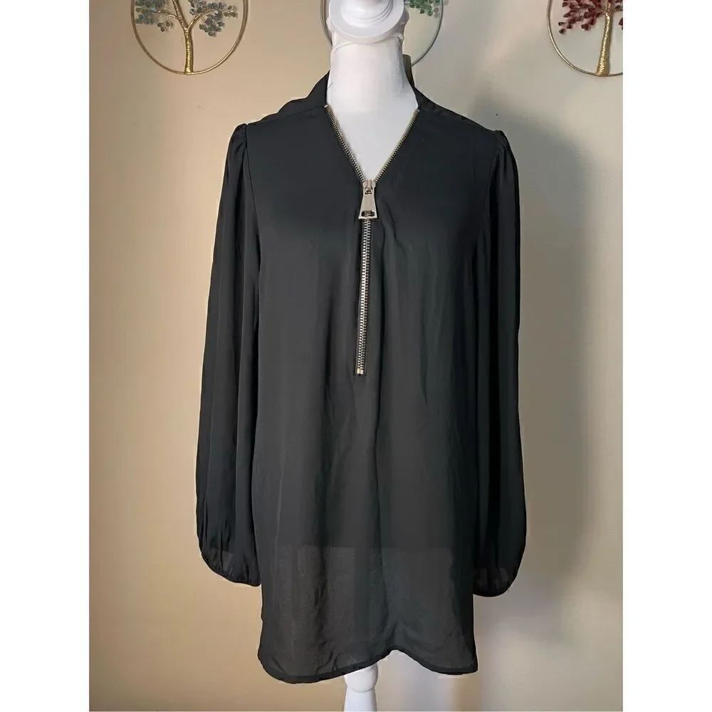 NWT! Carmen Marc Valvo Black Zip Neck Long Sleeve Blouse XL